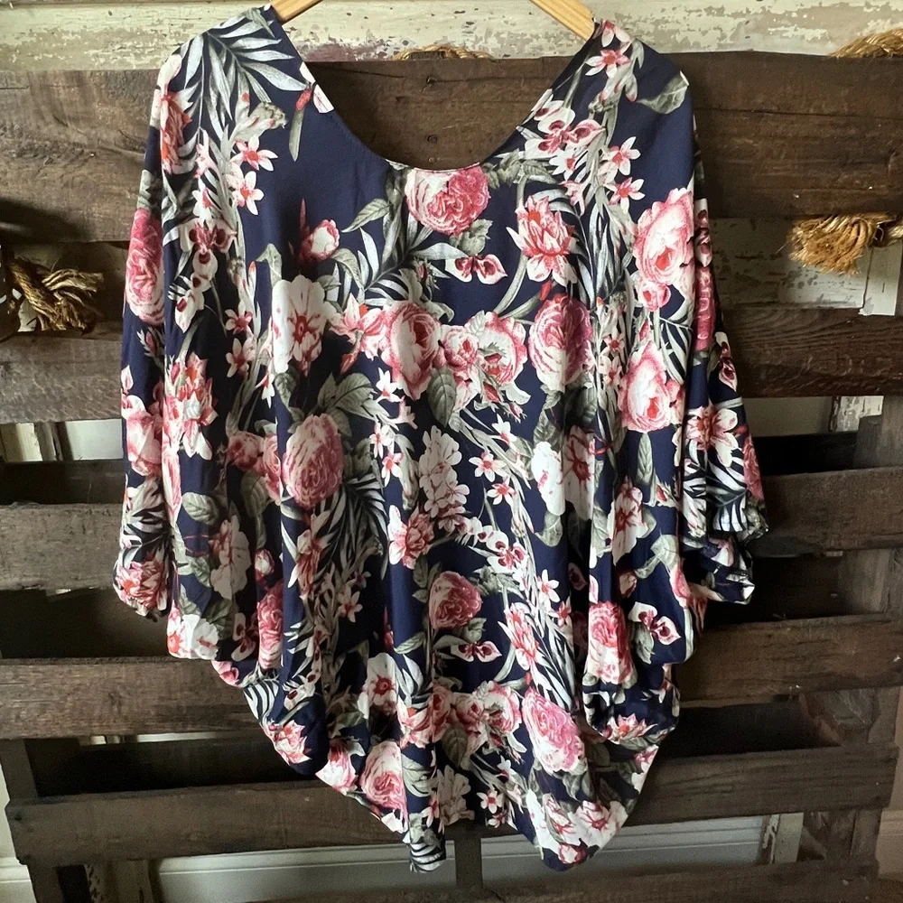 🟠JANICE Open-Front Cardigan in Navy/Floral Print-ONE SIZE